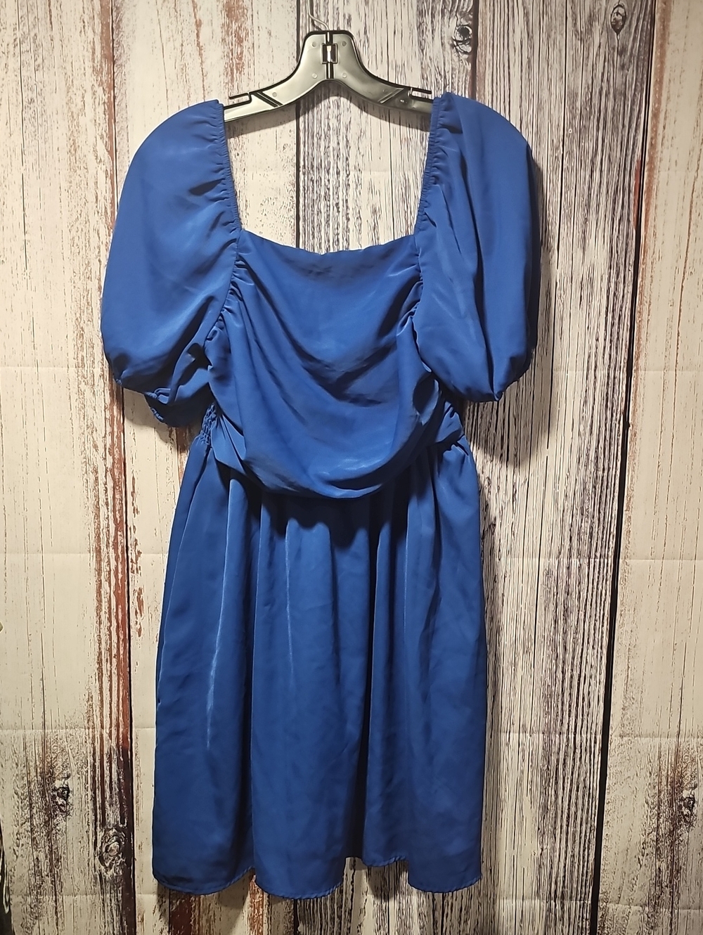SHEIN Royal Blue Puff-Sleeve Midi Dress with Square Neckline